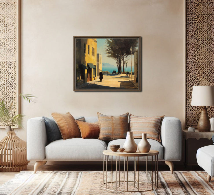 California Coast Quiet Street – Framed Giclée Canvas Print | Edward Hopper Style Artwork | Coastal Landscape Wall Decor