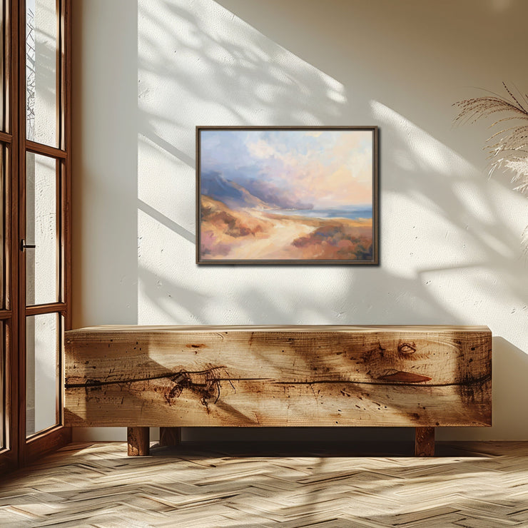 Echoes of the Coastal Dawn: Impressionistic Seascape Digital Painting - Framed Canvas