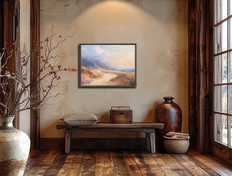 Echoes of the Coastal Dawn: Impressionistic Seascape Digital Painting - Framed Canvas