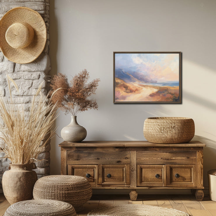 Echoes of the Coastal Dawn: Impressionistic Seascape Digital Painting - Framed Canvas