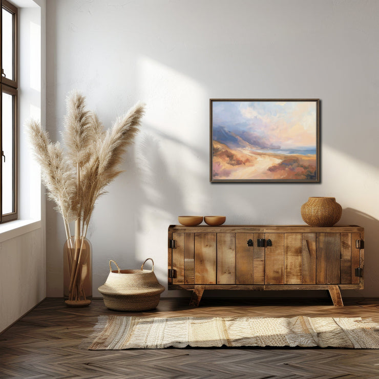 Echoes of the Coastal Dawn: Impressionistic Seascape Digital Painting - Framed Canvas