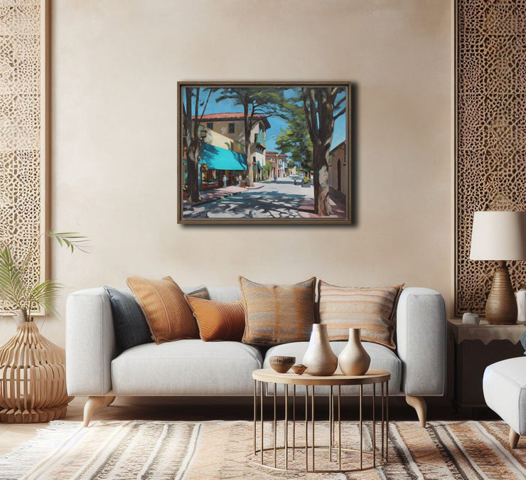 Sunlit Serenity: Carmel-by-the-Sea Street Scene on Framed canvas