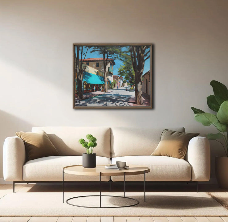 Sunlit Serenity: Carmel-by-the-Sea Street Scene on Framed canvas