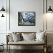 Majestic Wilderness: Snow-Capped Mountains & Waterfall Print - Framed Canvas