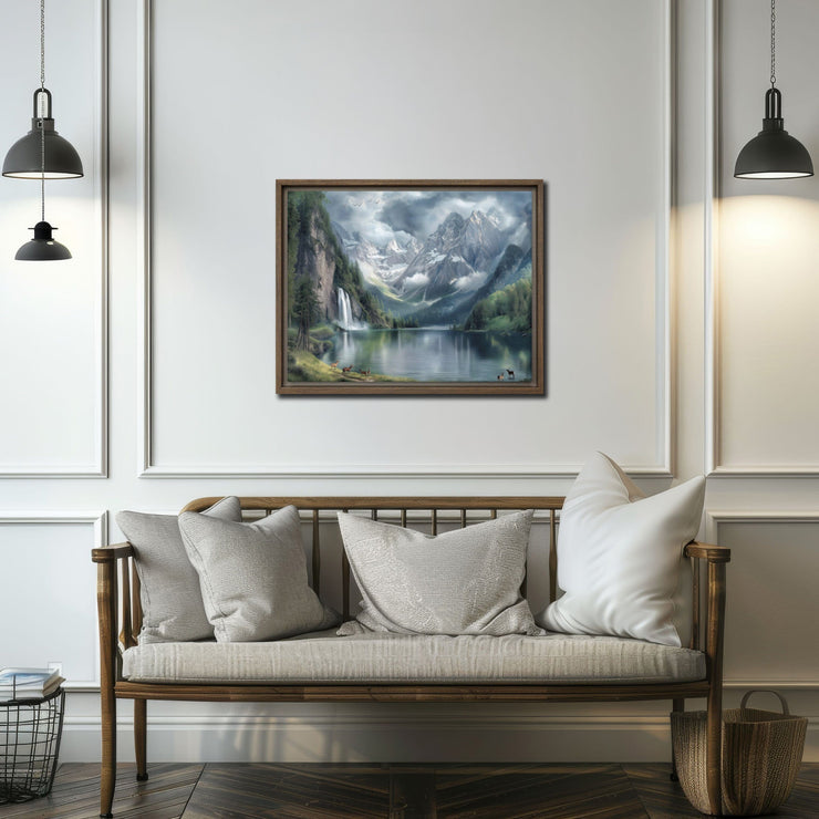 Majestic Wilderness: Snow-Capped Mountains & Waterfall Print - Framed Canvas