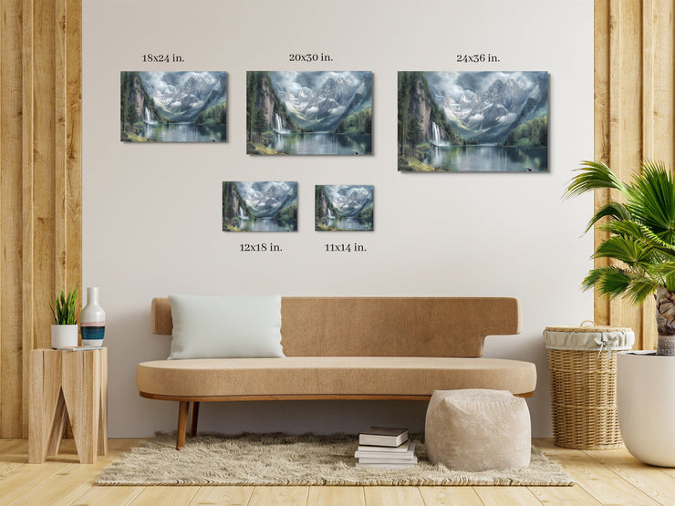 Majestic Wilderness: Snow-Capped Mountains & Waterfall Print - Framed Canvas
