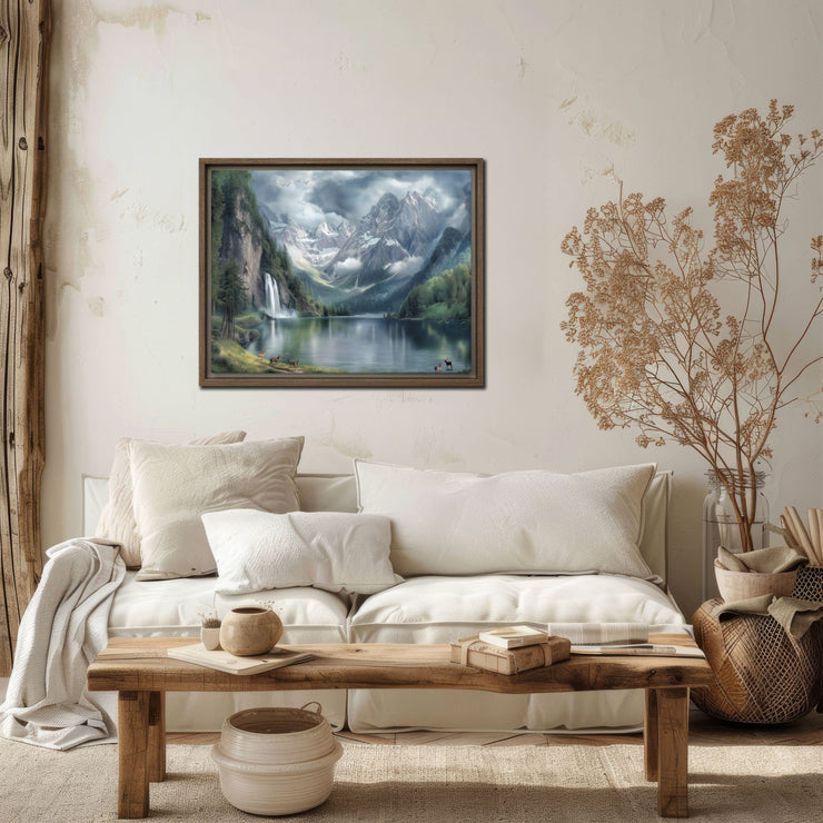 Majestic Wilderness: Snow-Capped Mountains & Waterfall Print - Framed Canvas