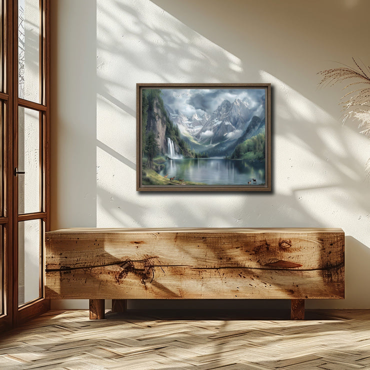 Majestic Wilderness: Snow-Capped Mountains & Waterfall Print - Framed Canvas