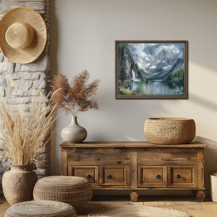Majestic Wilderness: Snow-Capped Mountains & Waterfall Print - Framed Canvas
