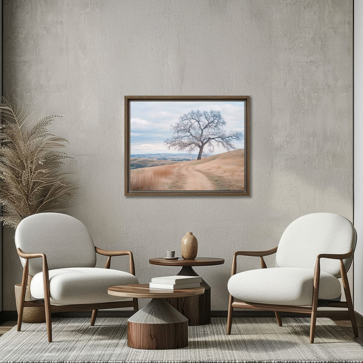 Whispers of Winter: The Lone Oak of Central California Framed Canvas
