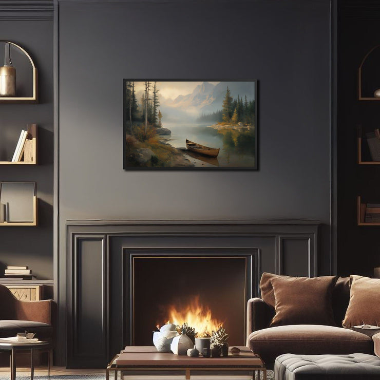 Morning Solitude – Serene Mountain Lake with Canoe – Giclée Framed Poster