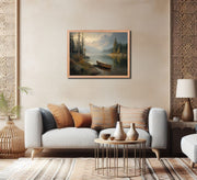 Morning Solitude – Serene Mountain Lake with Canoe – Giclée Framed Poster