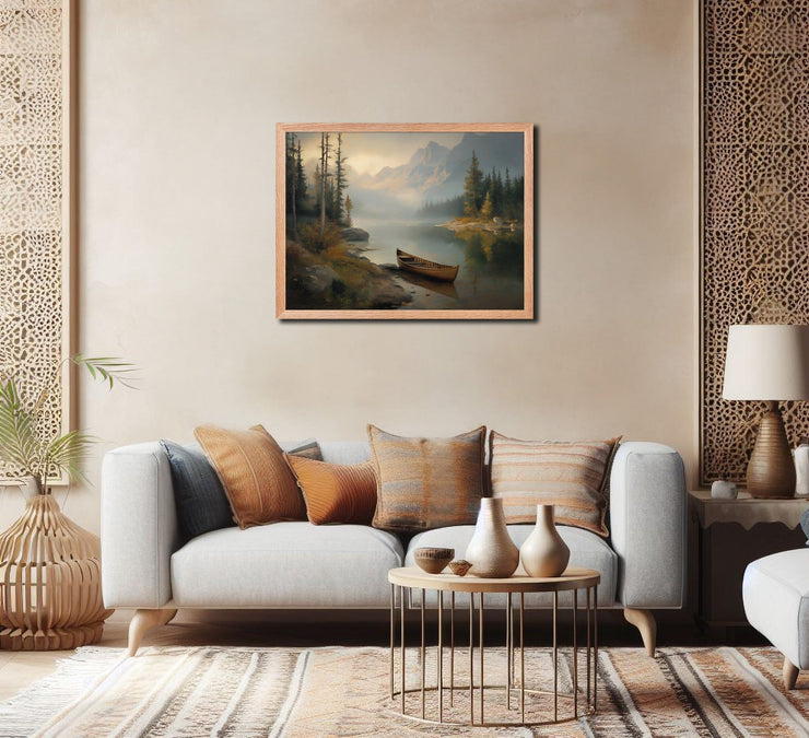 Morning Solitude – Serene Mountain Lake with Canoe – Giclée Framed Poster