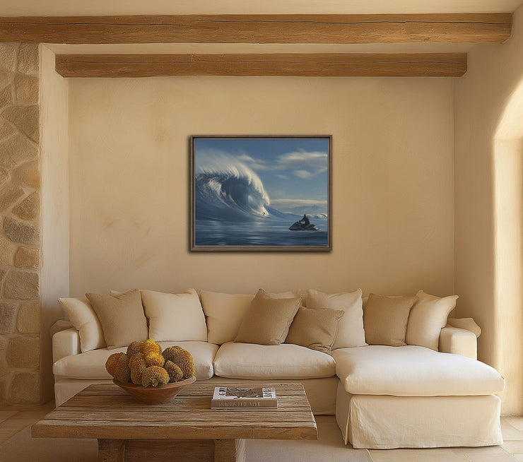 Mavericks Beach Thrill - Tow-In Surfer Art Print on Framed canvas