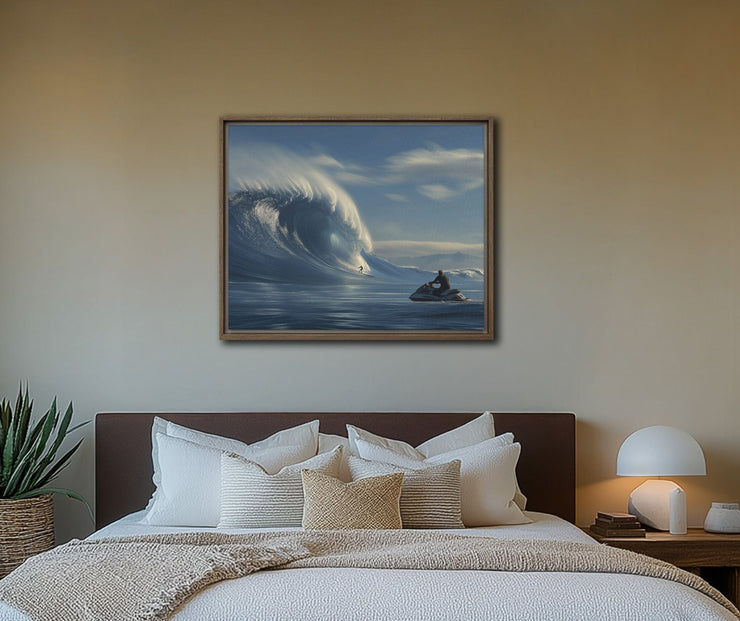 Mavericks Beach Thrill - Tow-In Surfer Art Print on Framed canvas