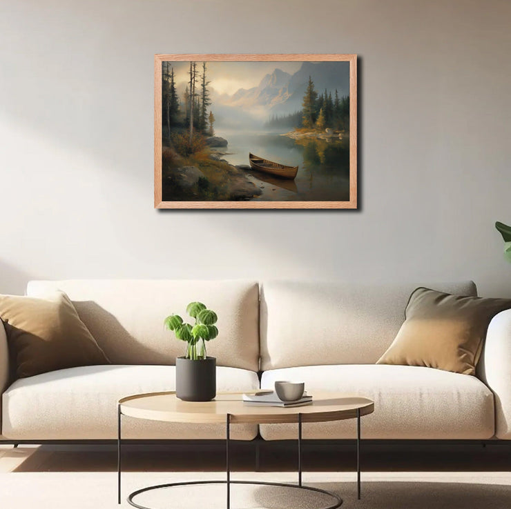 Morning Solitude – Serene Mountain Lake with Canoe – Giclée Framed Poster
