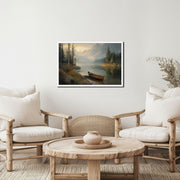 Morning Solitude – Serene Mountain Lake with Canoe – Giclée Framed Poster