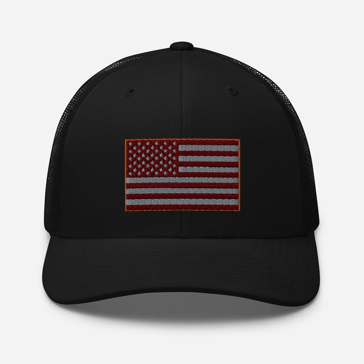 Red Tint American Flag Embroidered Trucker Cap