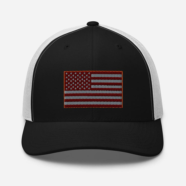 Red Tint American Flag Embroidered Trucker Cap