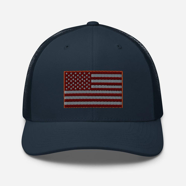 Red Tint American Flag Embroidered Trucker Cap